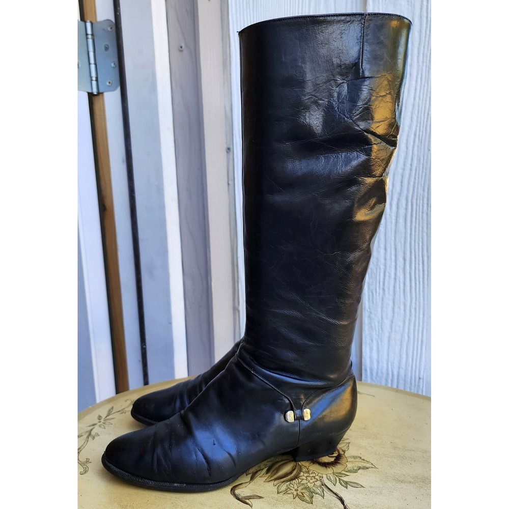 Vintage Salvatore Ferragamo Sz 7 Black Leather Riding Boots Made in Italy Preppy - Picture 4 of 14